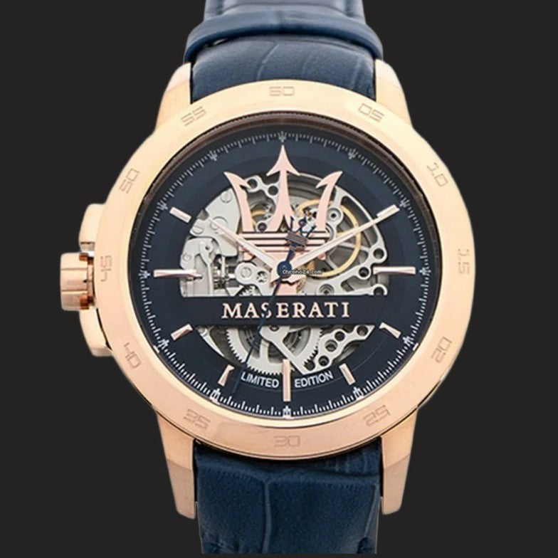 Maserati Potenza Left-Handed Rose Gold & Royal Blue Skeleton Watch Model R8821119005