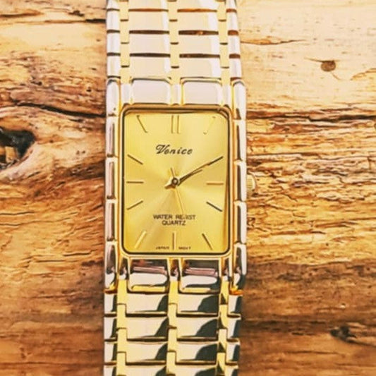 Venice Mens Gold Tank Style Quartz Vintage Watch