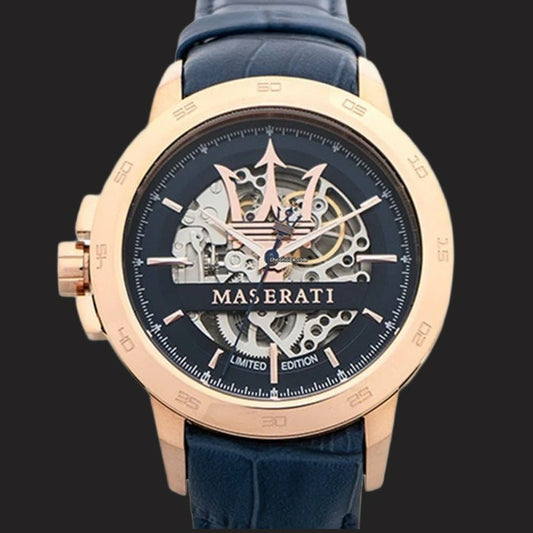 Maserati Potenza Left-Handed Rose Gold & Royal Blue Skeleton Watch Model R8821119005