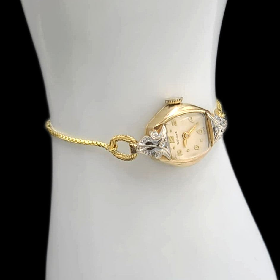 Bulova Diamond Ladies Vintage 10k Diamond Ornate 17-Jewelled Mechanical Watch